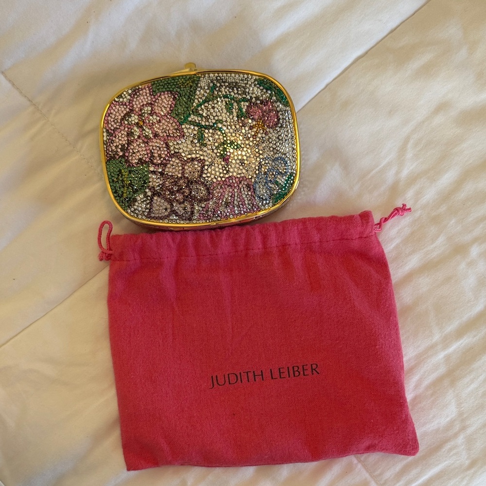 Judith Leiber Multicolor Crystal Floral Minaudière with Gold Frame